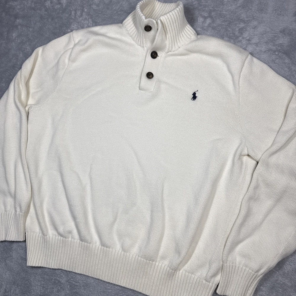 Polo Ralph Lauren Knit Sweater Mens XL Cream Mock Neck Henley Cotton Pullover - Picture 2 of 9